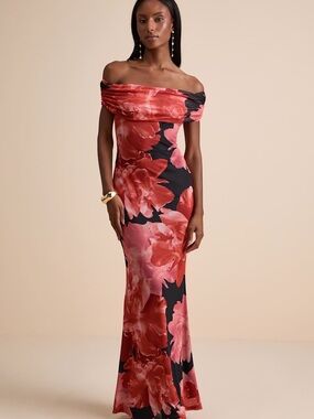 Lulu's Black One-Shoulder Red Floral Gown